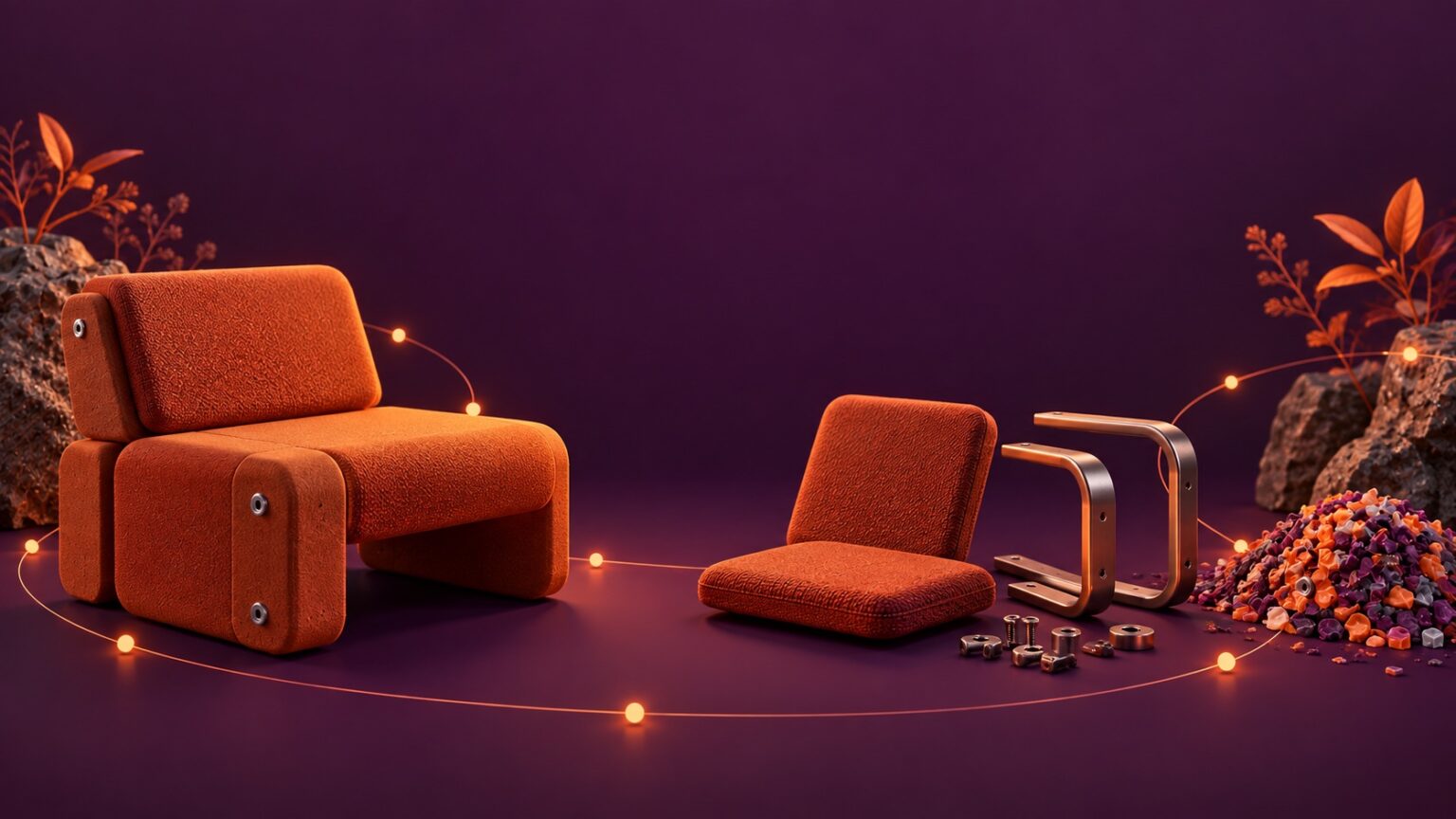 Illustration of a modular armchair, disassembled components and recoverable materials on a purple background.